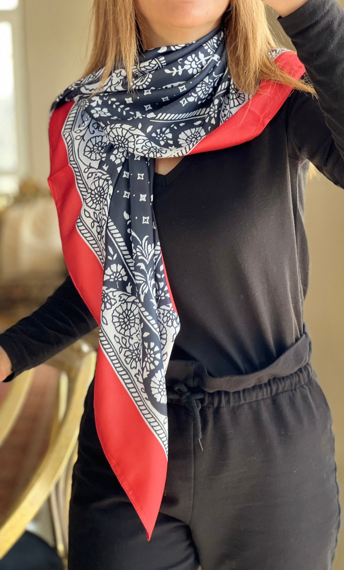Whether you're dressing up or down, this versatile Silk Satin Blend Scarf is the perfect finishing touch to any outfit.