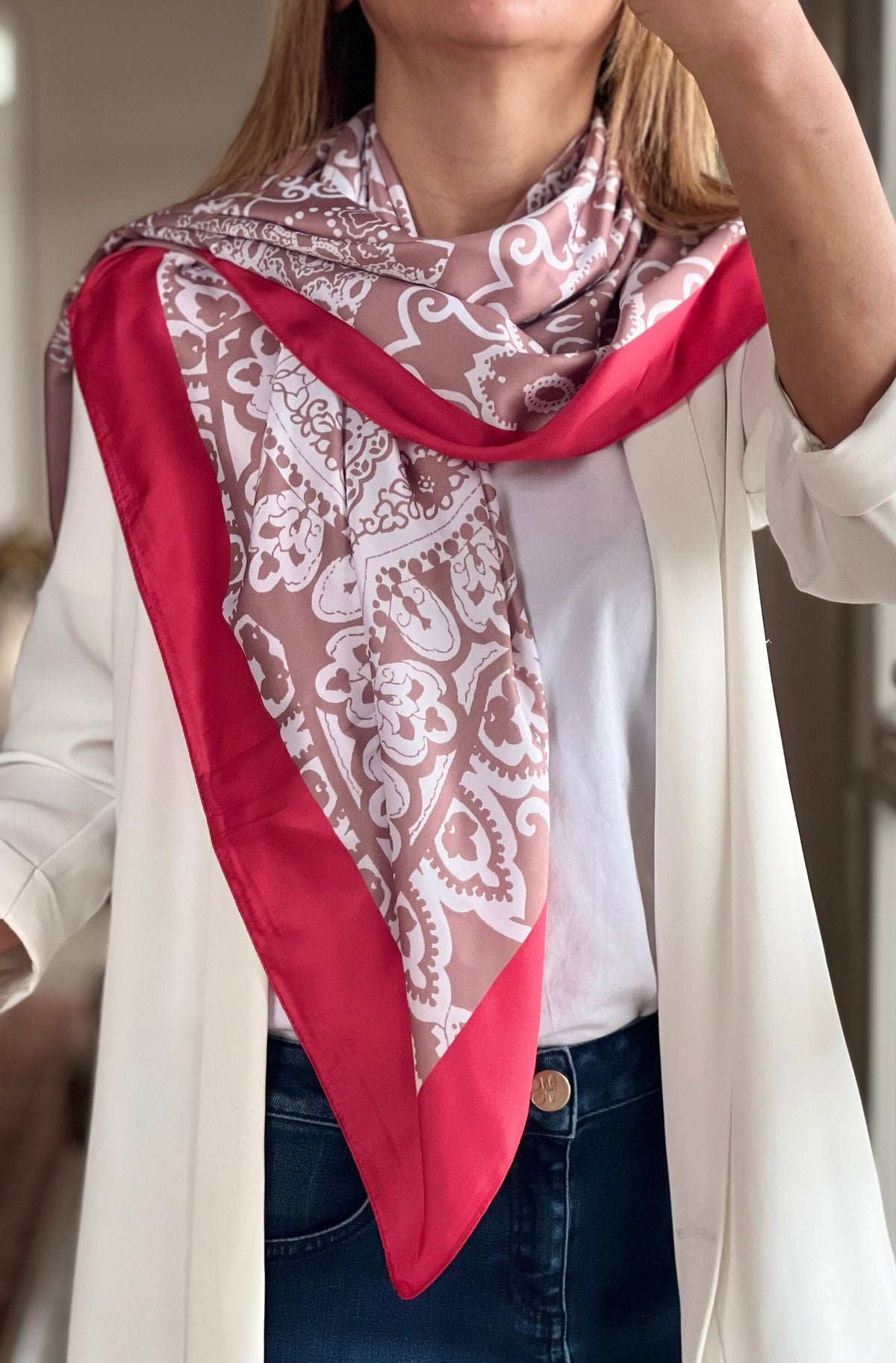 Elegant Silk & Satin Blend Red Cream White Pattern Scarf - Design Neck Scarf for Women - Perfect All-Season Gift available at Moyoni Design