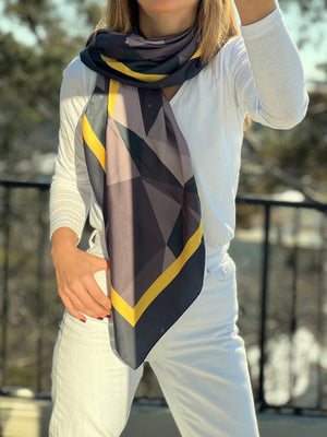 Charming Silky Summer Scarf - Geometric Pattern in Black and Yellow - Perfect Gift for Women - Large Square Satin Blend Neck Scarf available at Moyoni Design