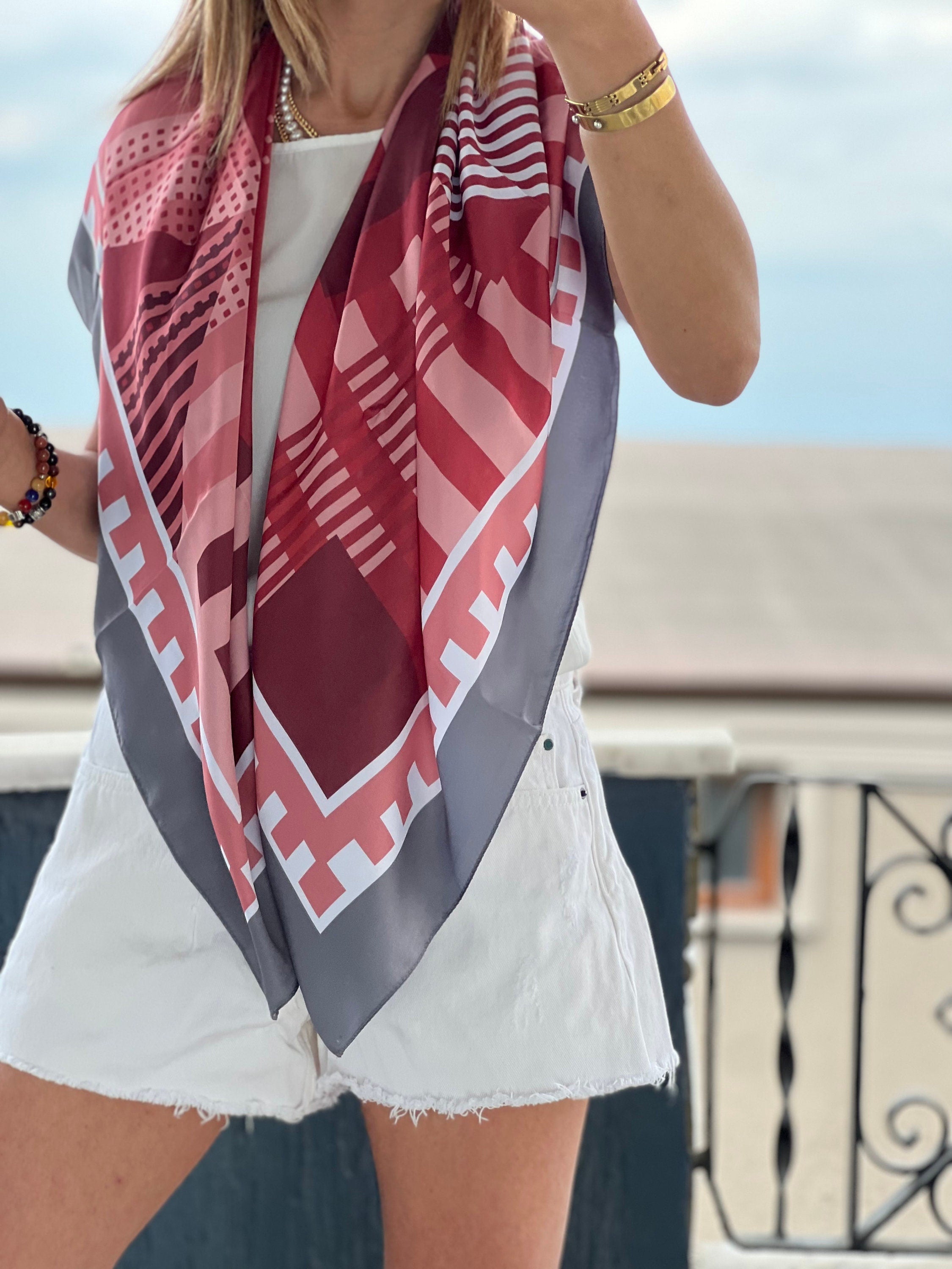 Multicolor Large Satin Scarf in a vibrant geometric print, perfect for adding a modern touch to your accessories collection.