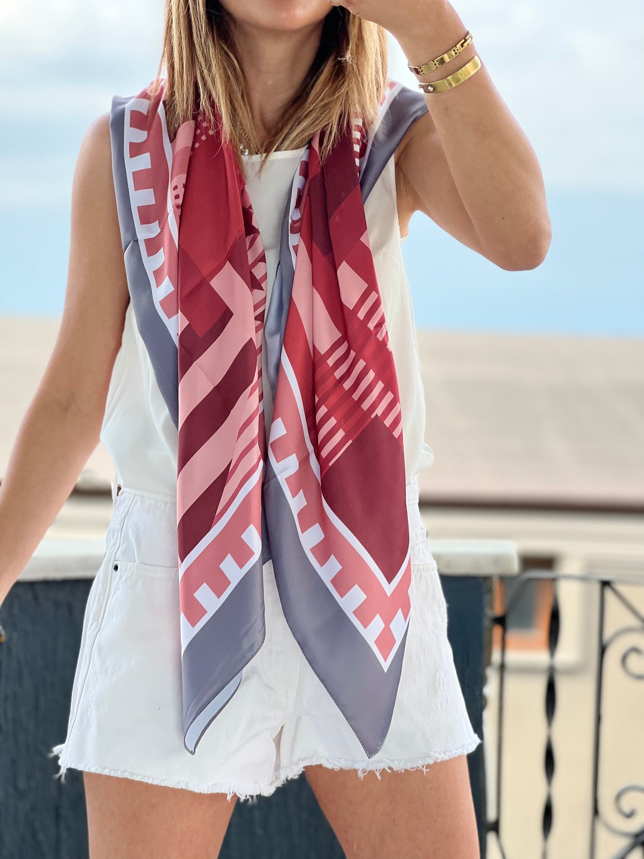 Delicate Silk Satin Blend Scarf in Grey, Red, and Pink - Soft and Silky Summer Color Scarf - Large Multicolor Satin Scarf available at Moyoni Design