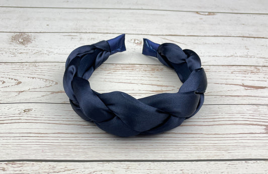 High-Quality Dark Blue Satin Padded Headband - Twisted, Knotted and Braided Design for Women and Girls available at Moyoni Design