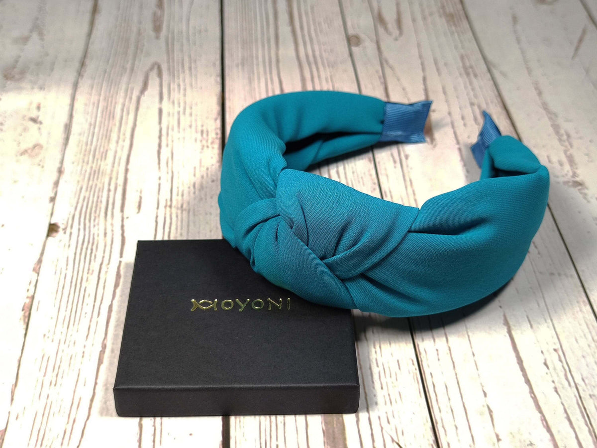 Charming Turquoise Knotted Padded Headband for Women - Bright Blue Classic Style with Viscose Crepe Material available at Moyoni Design
