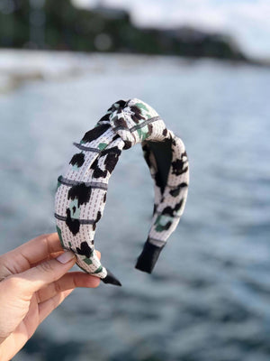 Handcrafted Leopard Print Knotted Headband - Stylish Women's Hairband in Beige, Green, and Black - Wide Cotton Linen Pattern Headband available at Moyoni Design