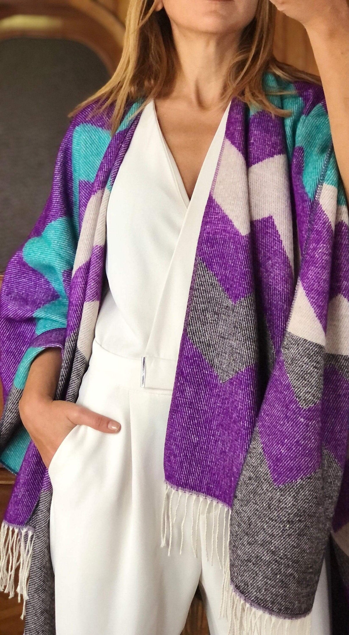 Geometric Wool Blend Poncho – Purple Grey Blue | Warm Oversized Winter Shawl