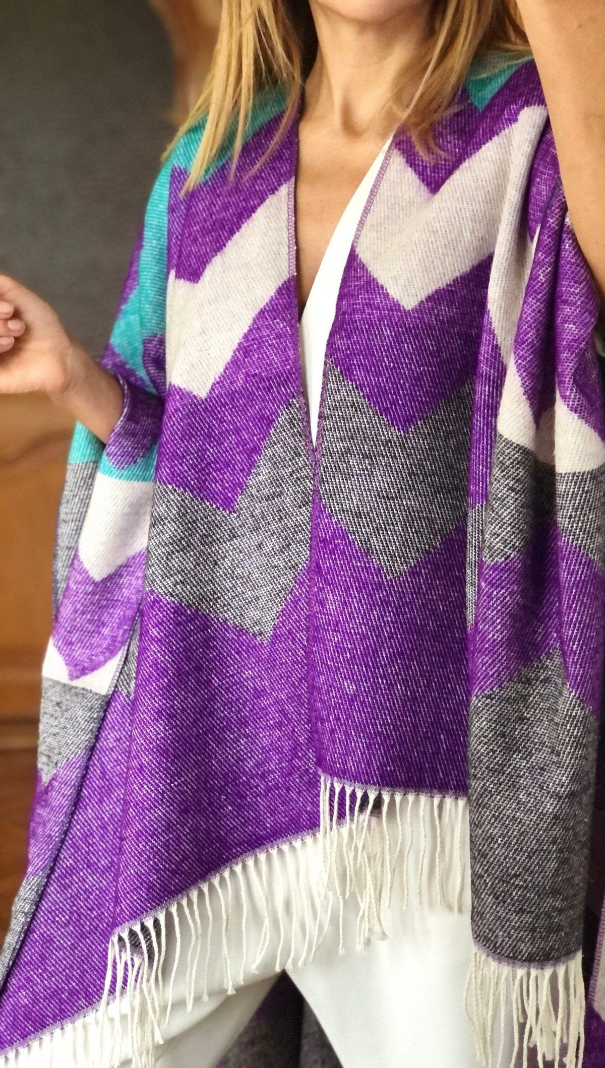 Geometric Wool Blend Poncho – Purple Grey Blue | Warm Oversized Winter Shawl