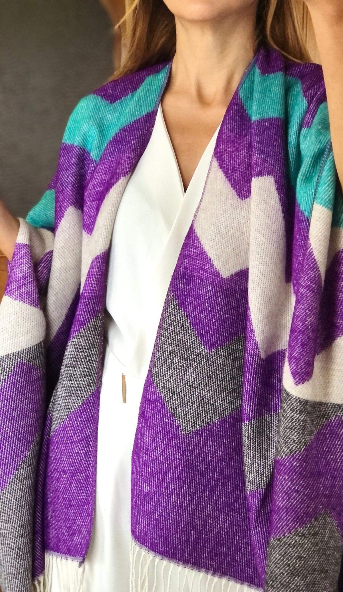 Geometric Wool Blend Poncho – Purple Grey Blue | Warm Oversized Winter Shawl