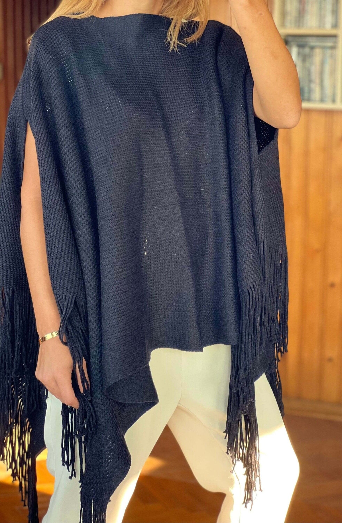 Navy Blue Mercerized Cotton Large Poncho Cardigan - Winter Autumn Poncho - Dark Blue Mercerized Shawl - Plaid Color Shawl - Gift for Mom