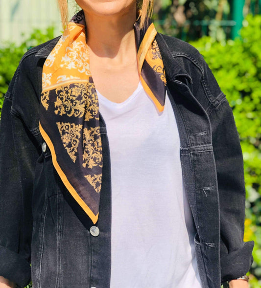 Luxurious Silk Blend Small Square Scarf - Black Gold White Pattern - Perfect Gift for Women - Beautiful Head and Neck Scarf available at Moyoni Design