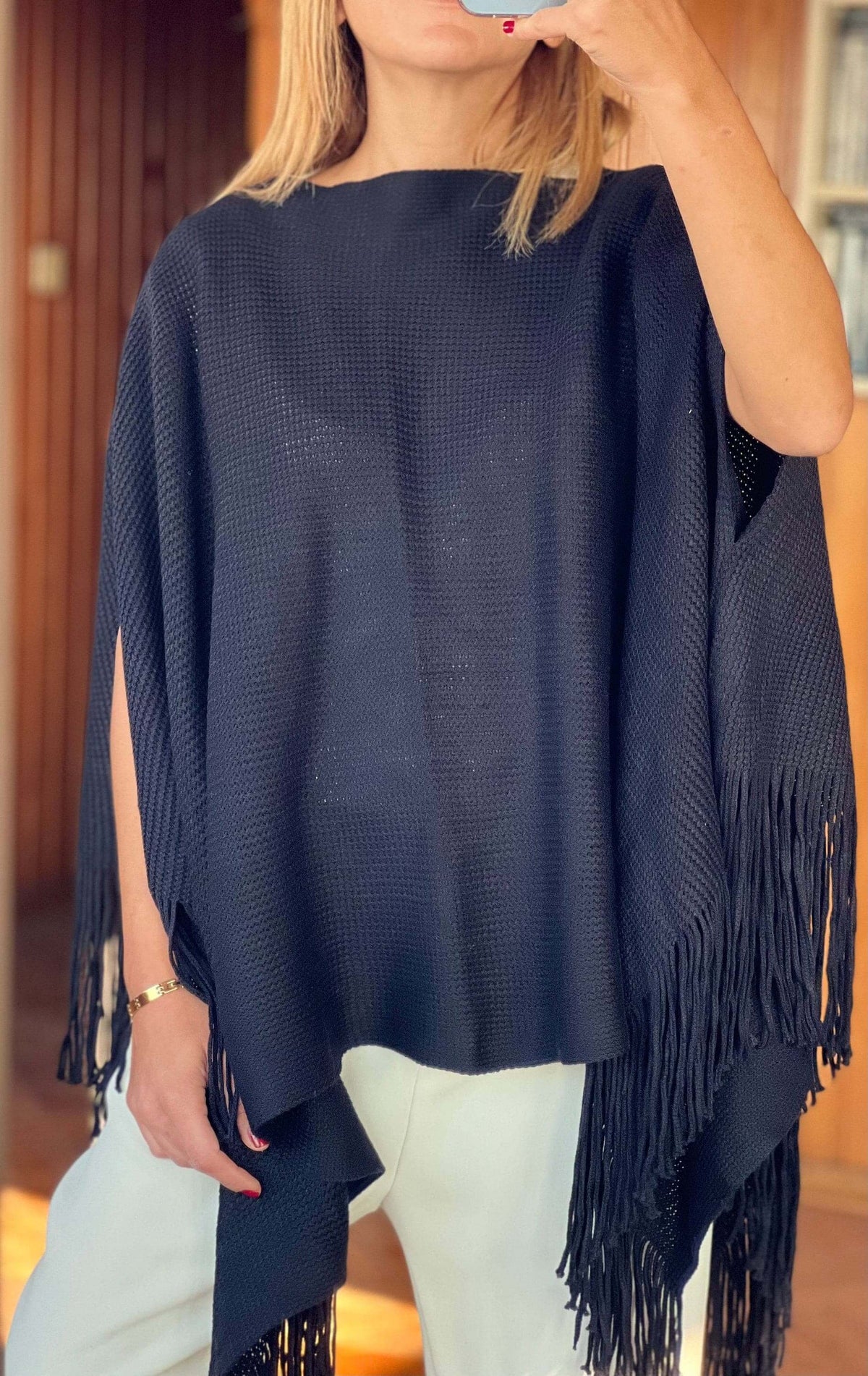 Navy Blue Mercerized Cotton Large Poncho Cardigan - Winter Autumn Poncho - Dark Blue Mercerized Shawl - Plaid Color Shawl - Gift for Mom