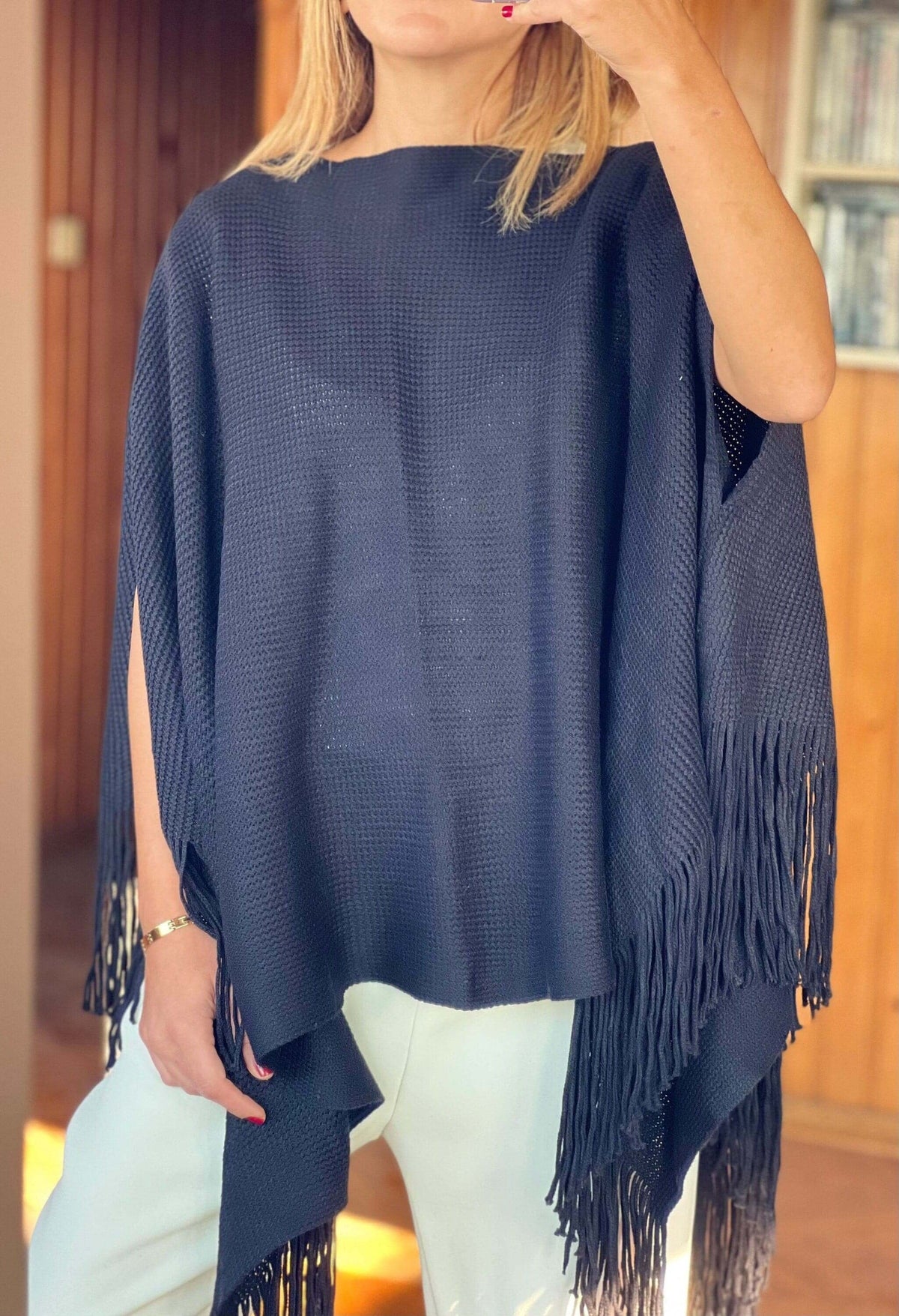 Navy Blue Mercerized Cotton Large Poncho Cardigan - Winter Autumn Poncho - Dark Blue Mercerized Shawl - Plaid Color Shawl - Gift for Mom