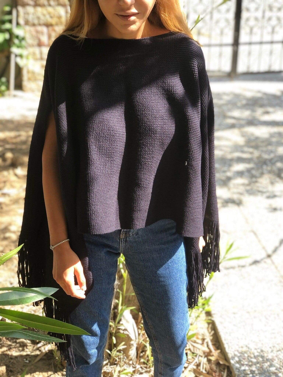 Navy Blue Mercerized Cotton Large Poncho Cardigan - Winter Autumn Poncho - Dark Blue Mercerized Shawl - Plaid Color Shawl - Gift for Mom