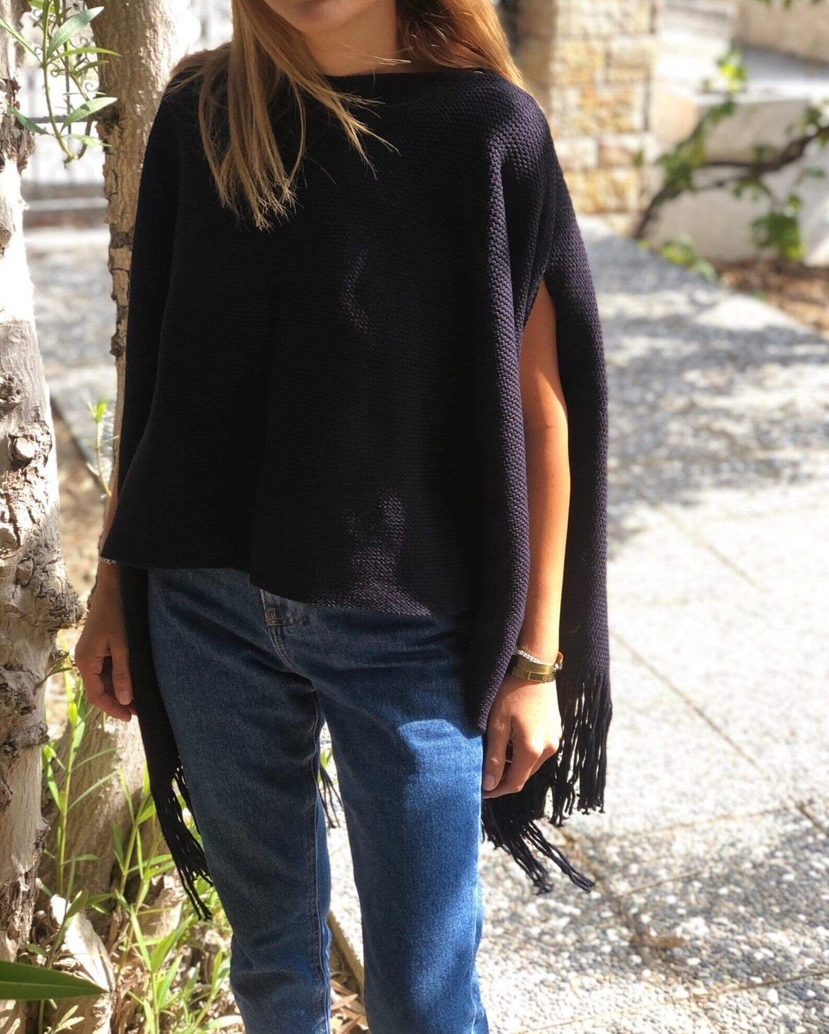 Navy Blue Mercerized Cotton Large Poncho Cardigan - Winter Autumn Poncho - Dark Blue Mercerized Shawl - Plaid Color Shawl - Gift for Mom