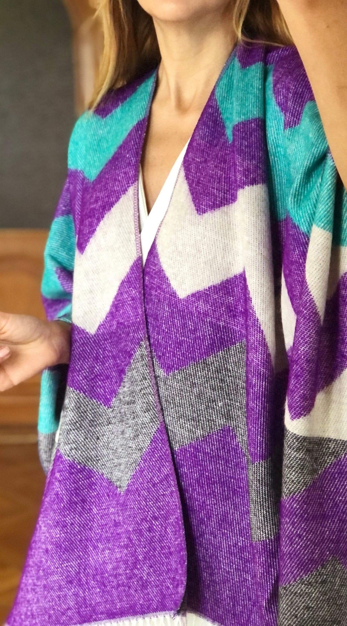 Geometric Wool Blend Poncho – Purple Grey Blue | Warm Oversized Winter Shawl