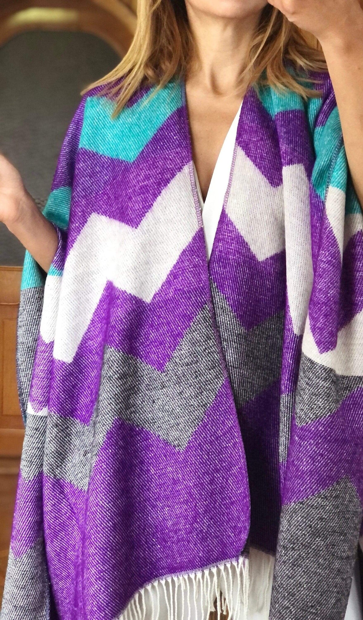 Geometric Wool Blend Poncho – Purple Grey Blue | Warm Oversized Winter Shawl