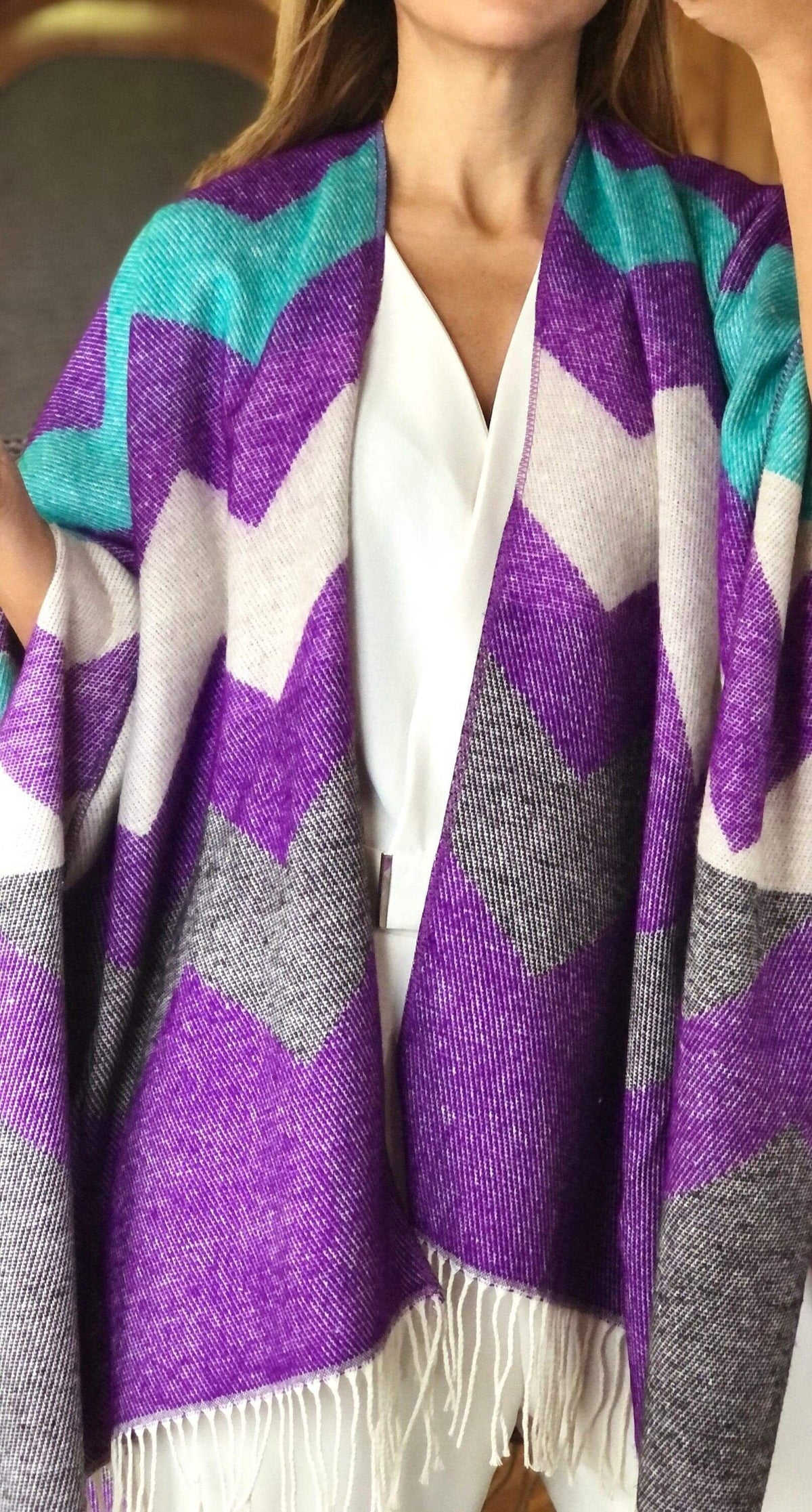 Geometric Wool Blend Poncho – Purple Grey Blue | Warm Oversized Winter Shawl
