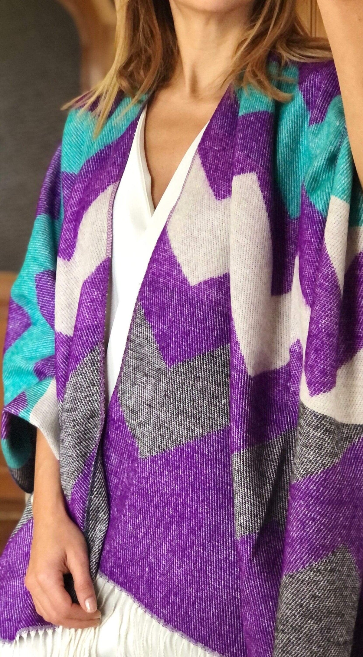 Geometric Wool Blend Poncho – Purple Grey Blue | Warm Oversized Winter Shawl