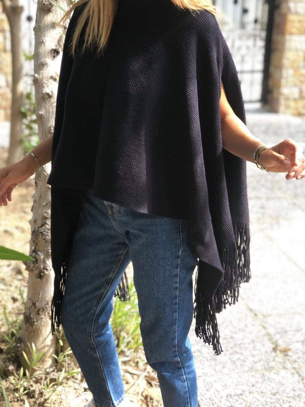 Navy Blue Mercerized Cotton Large Poncho Cardigan - Winter Autumn Poncho - Dark Blue Mercerized Shawl - Plaid Color Shawl - Gift for Mom