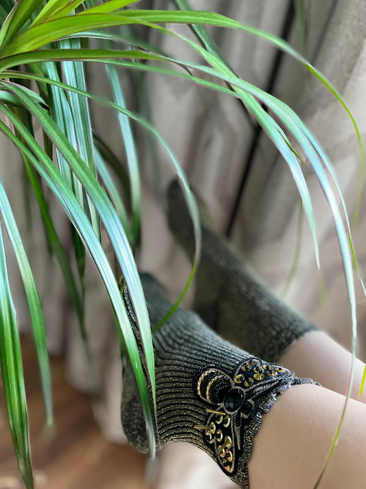 Add some sparkle to your footwear with these Gold and Black Embellished Bee Socks