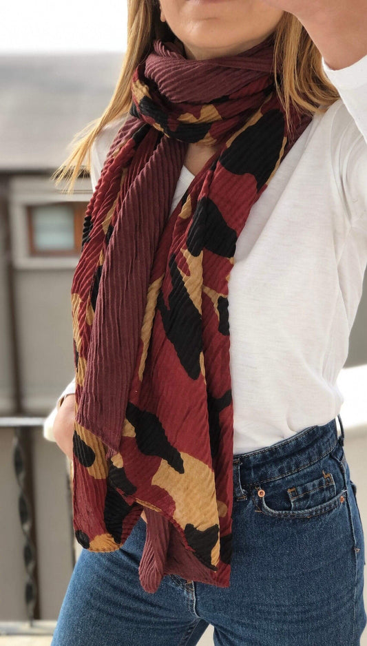 Stylish Camouflage Cotton Rectangle Scarf in Dark Pink Brick for Women - Perfect Gift for Her available at Moyoni Design