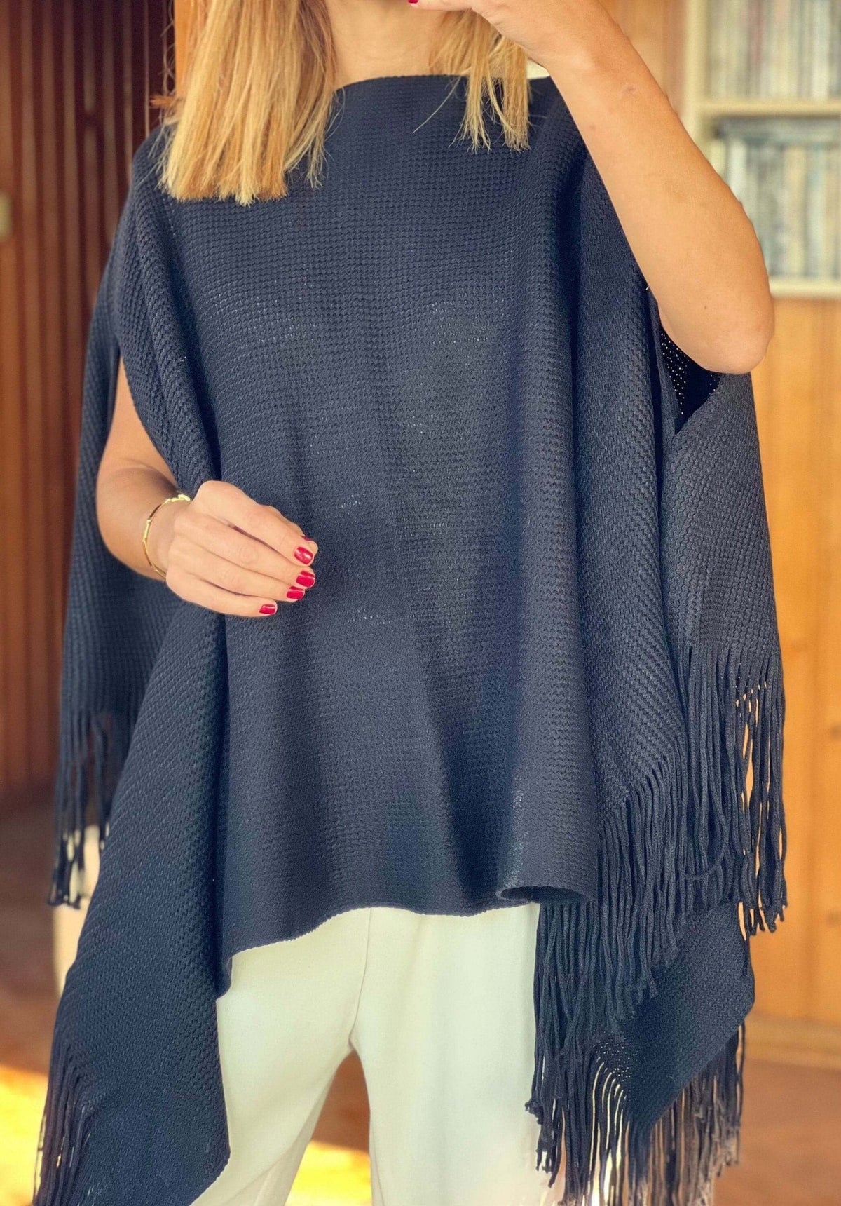 Navy Blue Mercerized Cotton Large Poncho Cardigan - Winter Autumn Poncho - Dark Blue Mercerized Shawl - Plaid Color Shawl - Gift for Mom
