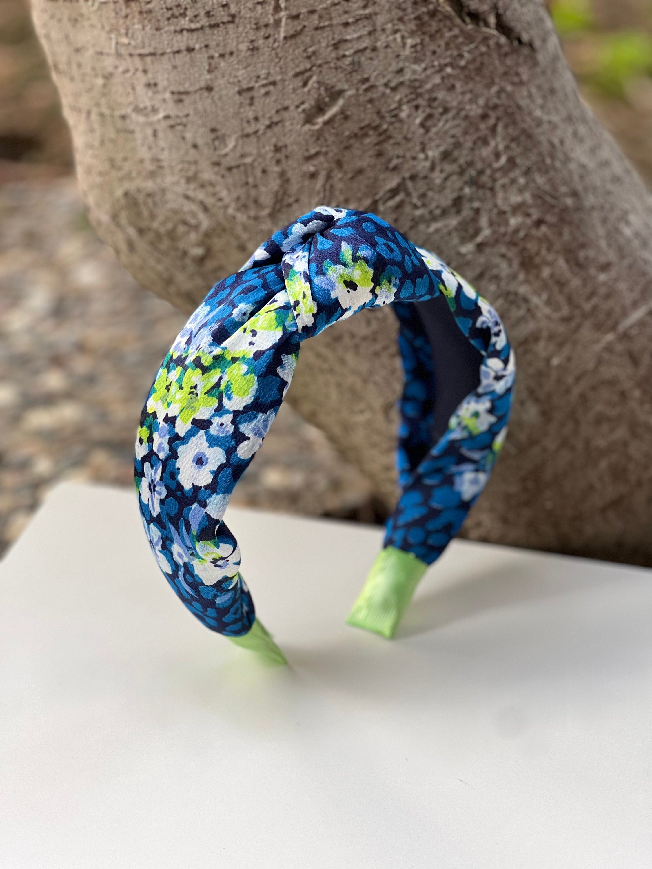 High-Quality Colorful Flower Pattern Knotted Headband - Perfect Gift for Women - Shiny Blue, Bright Pink, and Green Stylish Hairband available at Moyoni Design