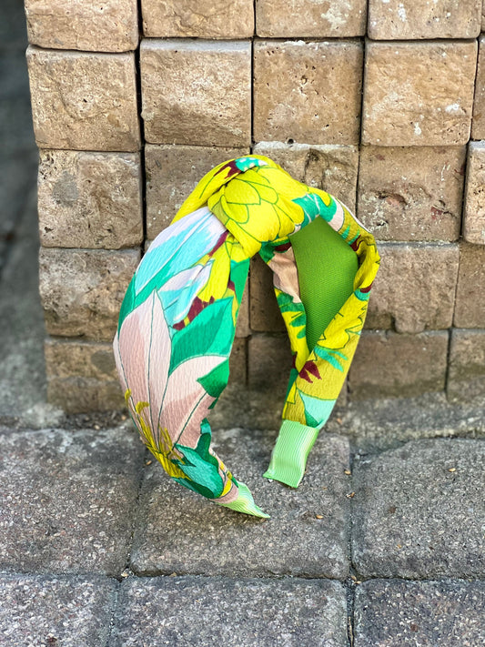 Exquisite Green and Yellow Flower Pattern Knotted Headband - Colorful and Stylish Hairband for Women, Perfect Gift! available at Moyoni Design