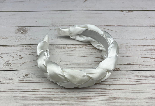 Unique Stylish Snow White Satin Knitted Padded Headband for Women's Celebrations and Weddings available at Moyoni Design