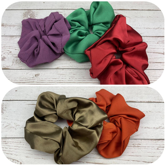 Handmade Satin Scrunchie with Bow - Colorful Pattern Hair Accessory in Green, Lilac, Red, Beige and Orange - Hair Ties and Scrunchies
