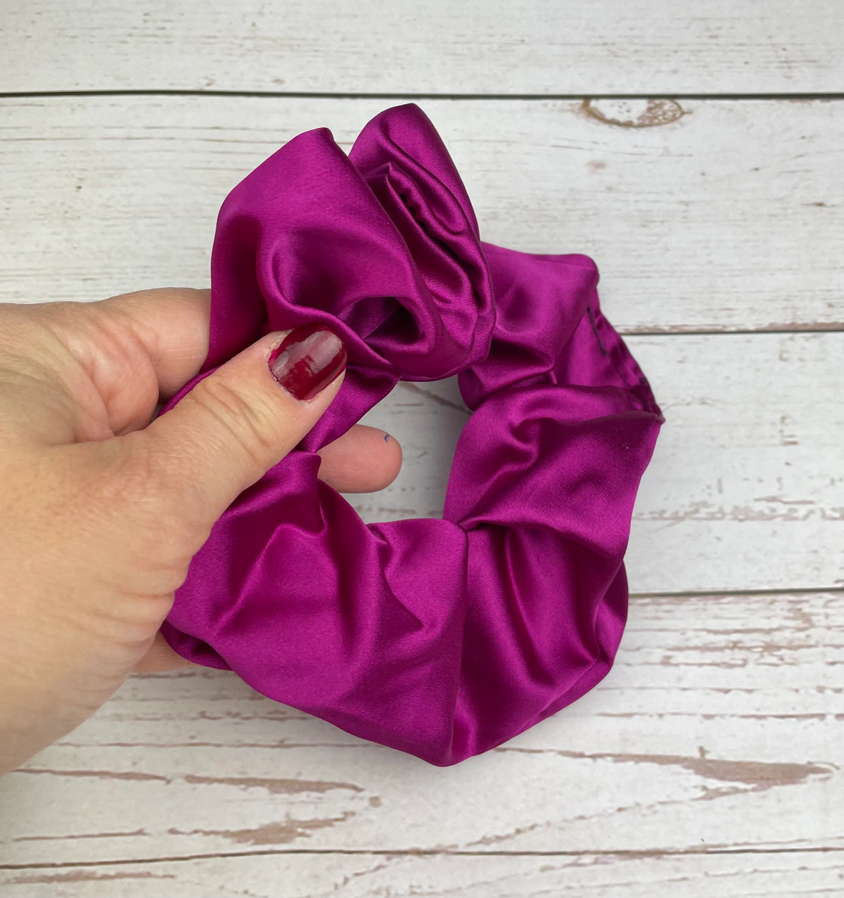 Handmade Satin Scrunchie with Bow - Colorful Hair Accessory in Parliament Blue, Purple, Dark Blue, Green, and Fuchsia