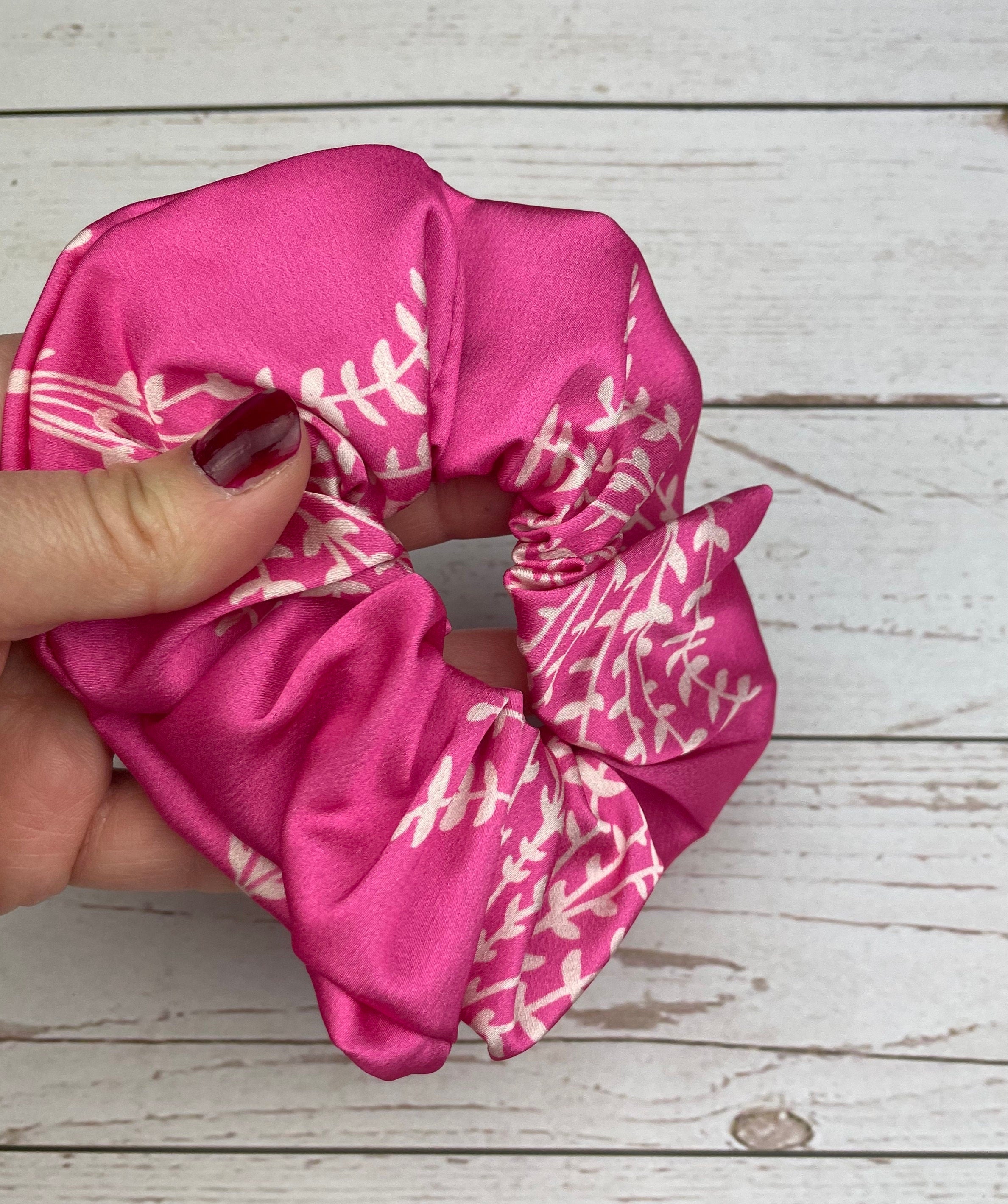 Trendy Handmade Colorful Satin Scrunchie with Bow, Pink Blue Green Leaf Pattern available at Moyoni Design