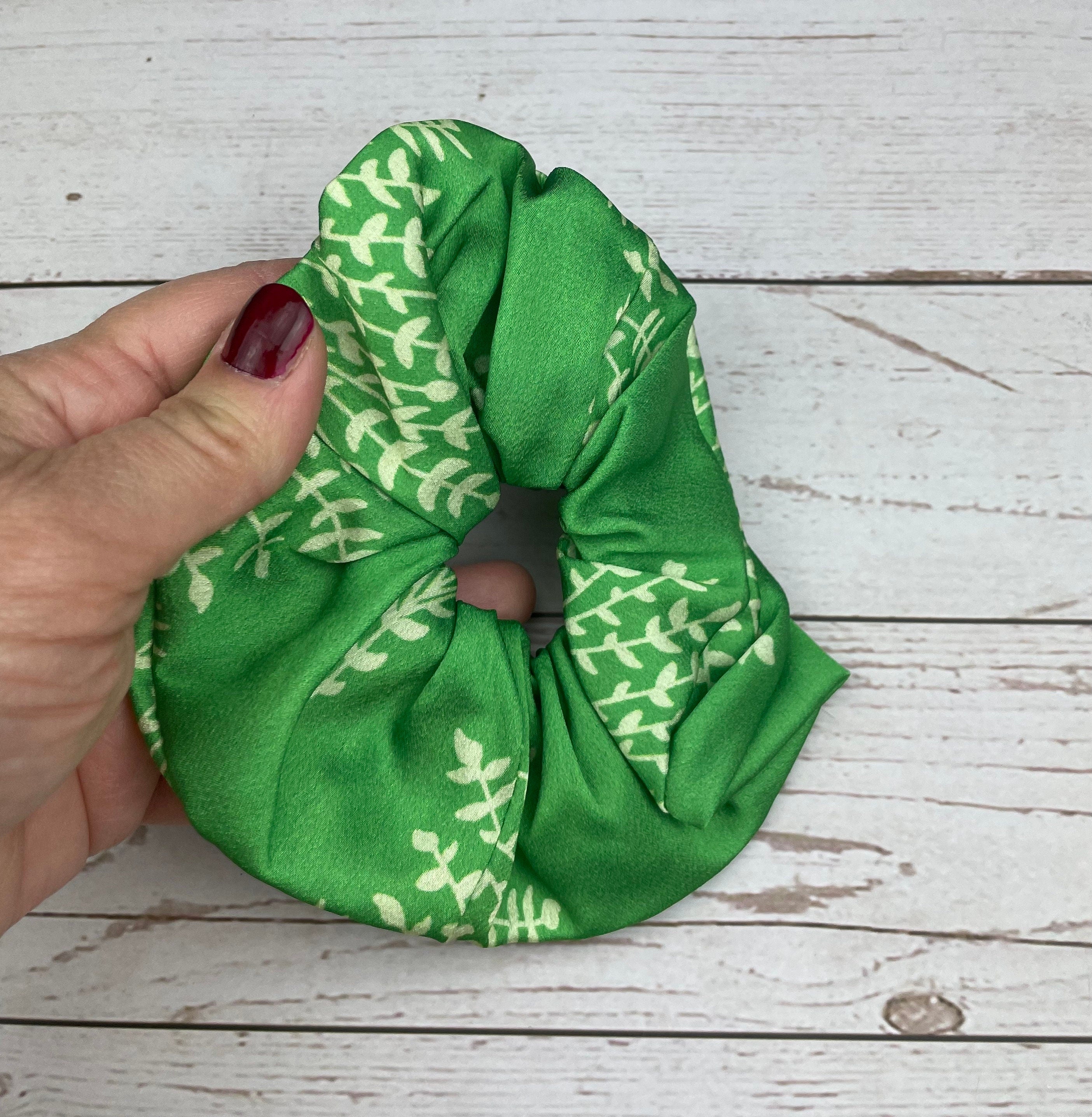 Stylish Handmade Colorful Satin Scrunchie with Bow, Pink Blue Green Leaf Pattern available at Moyoni Design