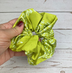 Exquisite Handmade Colorful Satin Scrunchie with Bow, Pink Blue Green Leaf Pattern available at Moyoni Design