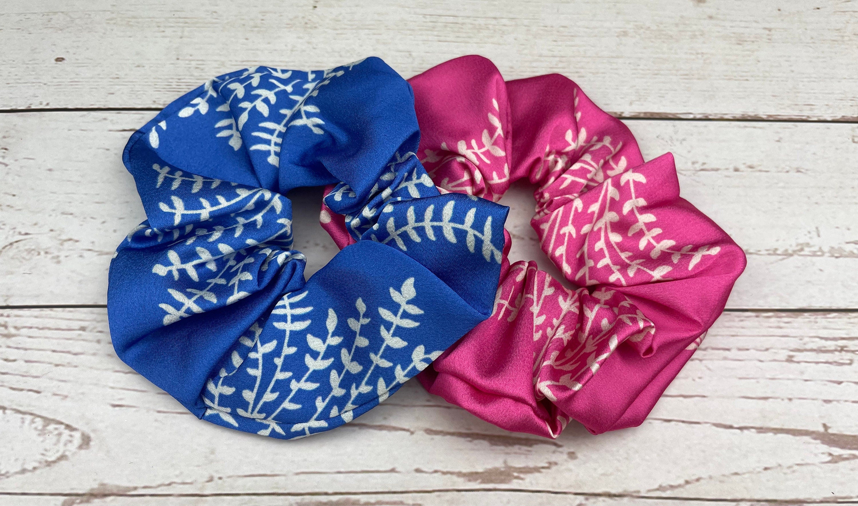 Premium Handmade Colorful Satin Scrunchie with Bow, Pink Blue Green Leaf Pattern available at Moyoni Design