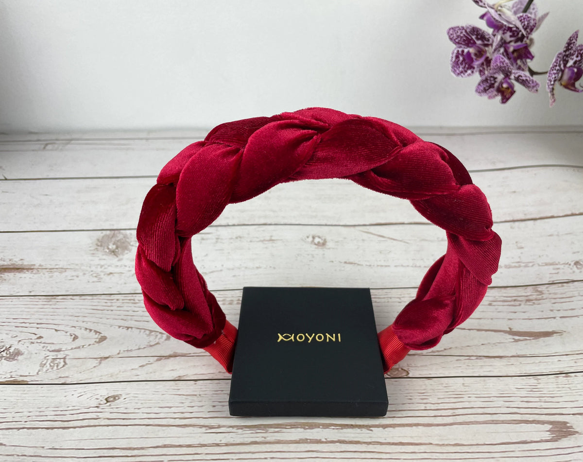 Handmade Red Velvet Braided Headband - Stylish Padded Design, Perfect Gift for Her