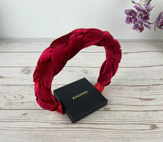 Handmade Red Velvet Braided Headband - Stylish Padded Design, Perfect Gift for Her
