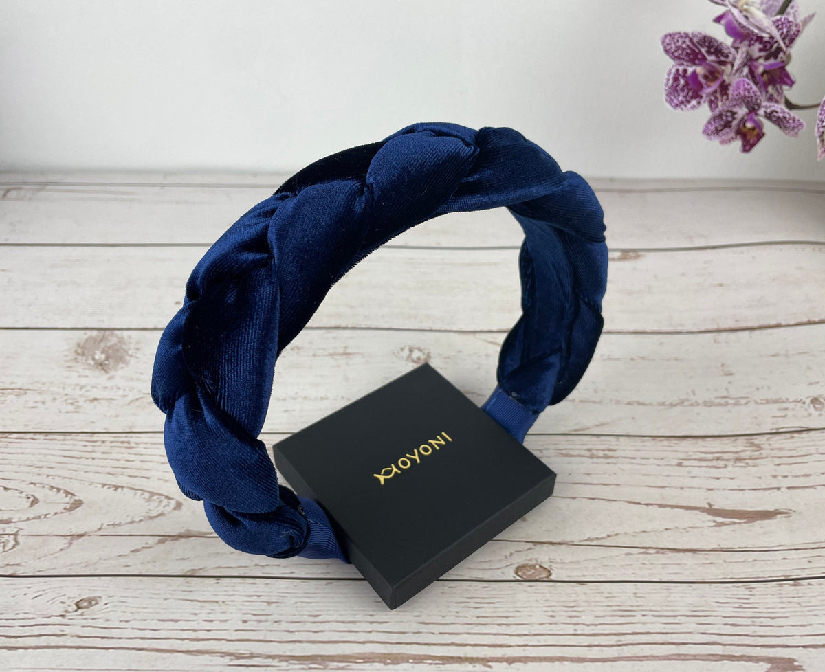 Dark Blue Velvet Parliament Knotted Headband, Women's Navy Blue Braided Hairband