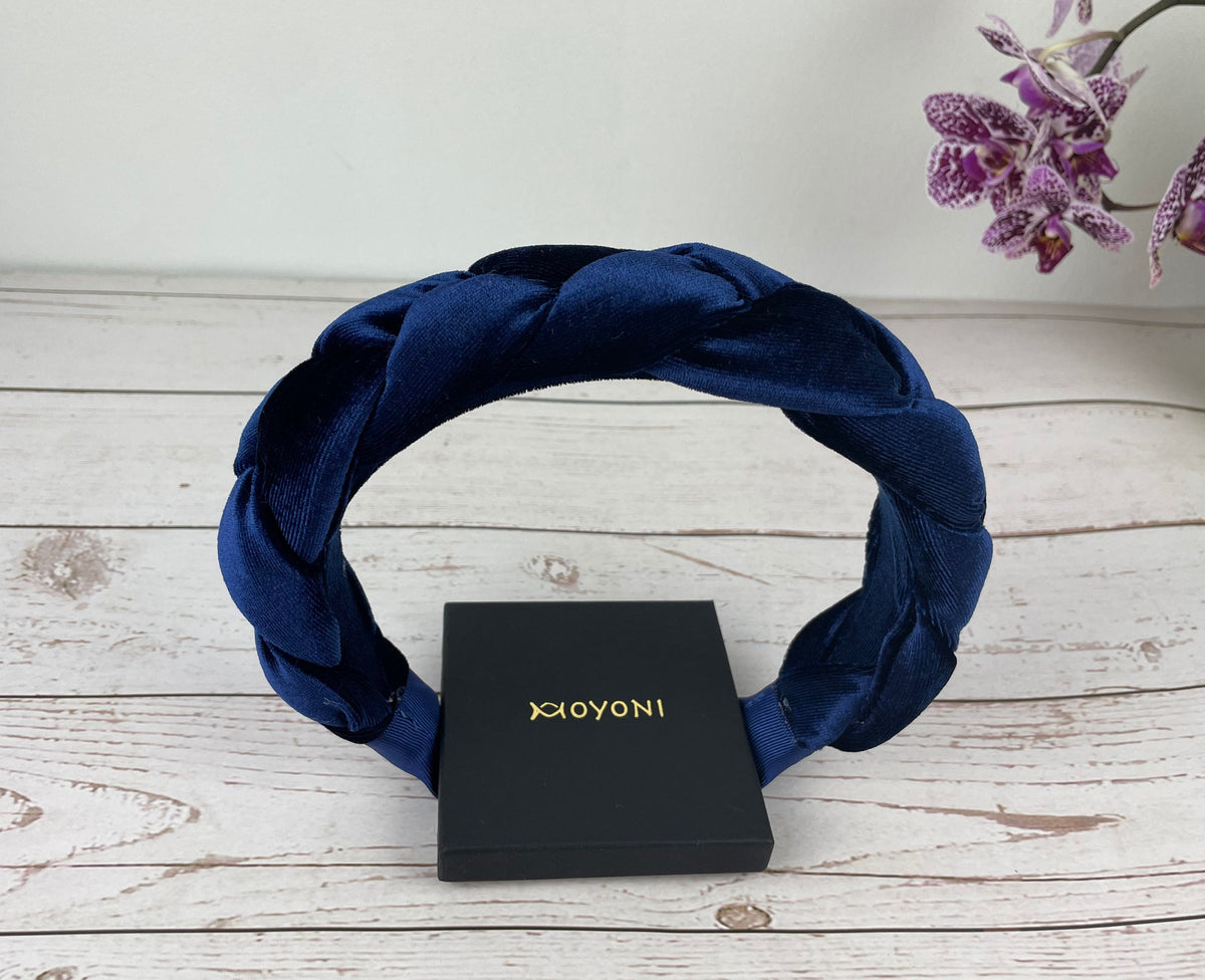 Dark Blue Velvet Parliament Knotted Headband, Women's Navy Blue Braided Hairband