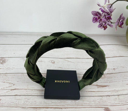 Stylish Khaki Green Velvet Braided Headband - Knotted Padded Hair Accessory for Fashionable Women