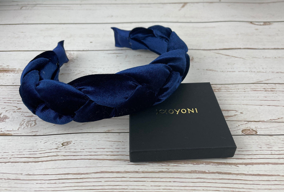 Dark Blue Velvet Parliament Knotted Headband, Women's Navy Blue Braided Hairband