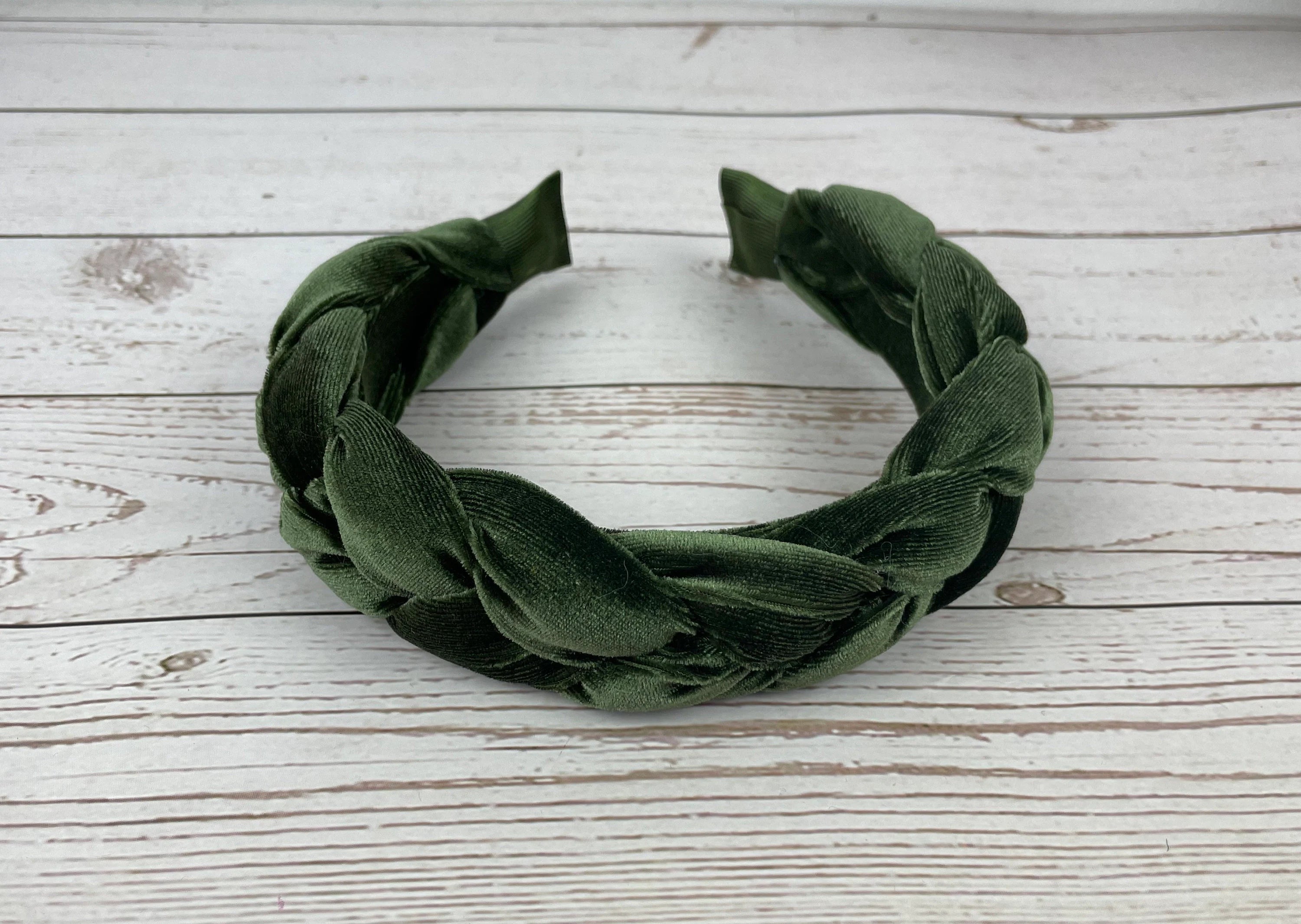 Stylish Khaki Green Velvet Braided Headband - Knotted Padded Hair Accessory for Fashionable Women