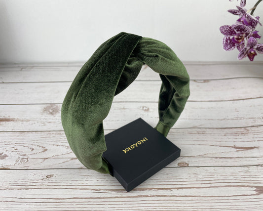 Elegant Army Green Knotted Velvet Headband, Stylish Women's Fashion Accessory, Braided Women's Hairband, Khaki Green without Padded Velvet Headband available at Moyoni Design
