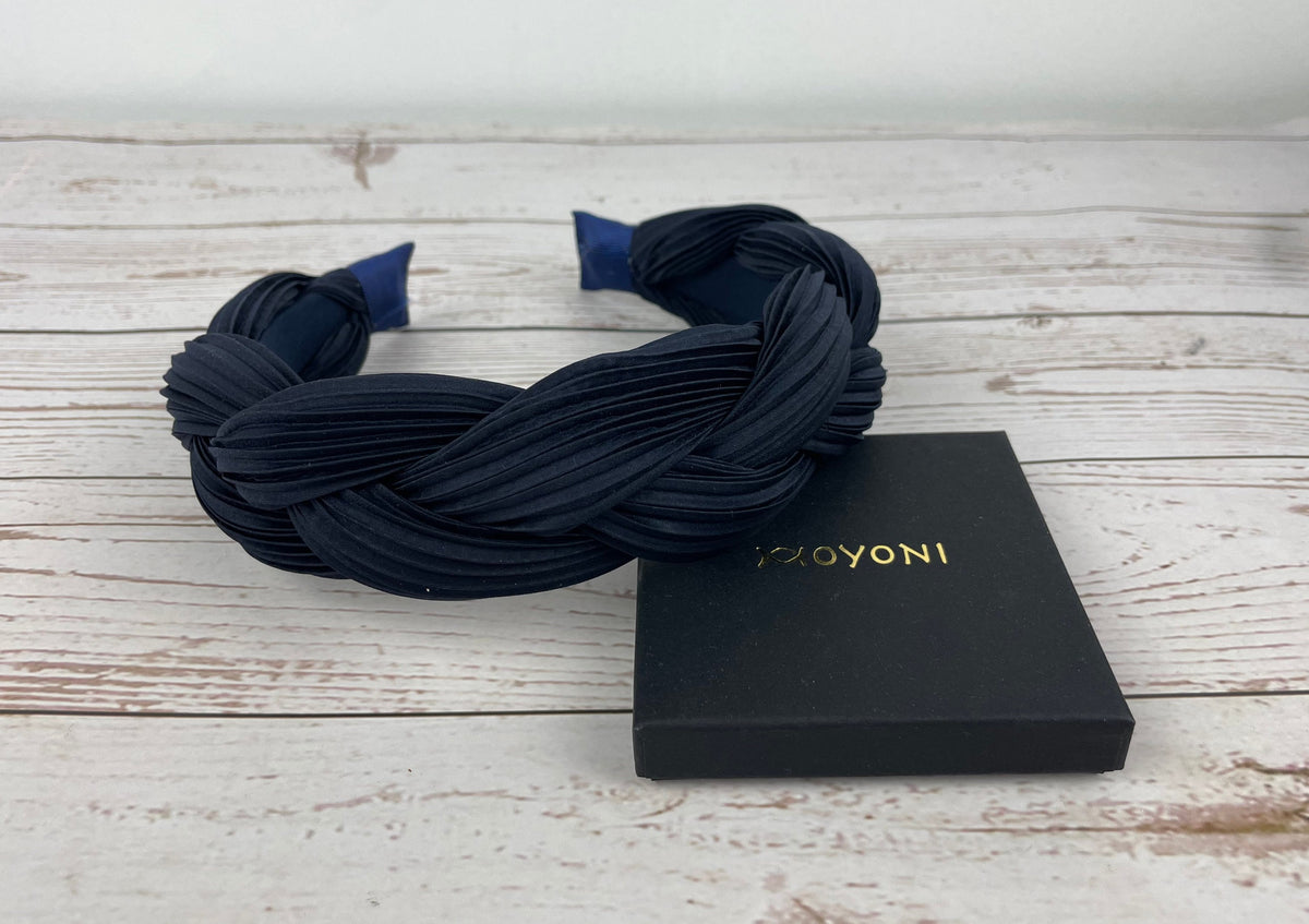 Navy Padded Satin Headband, Ruched Braided Alice Band, Wedding Guest Hair Accessory
