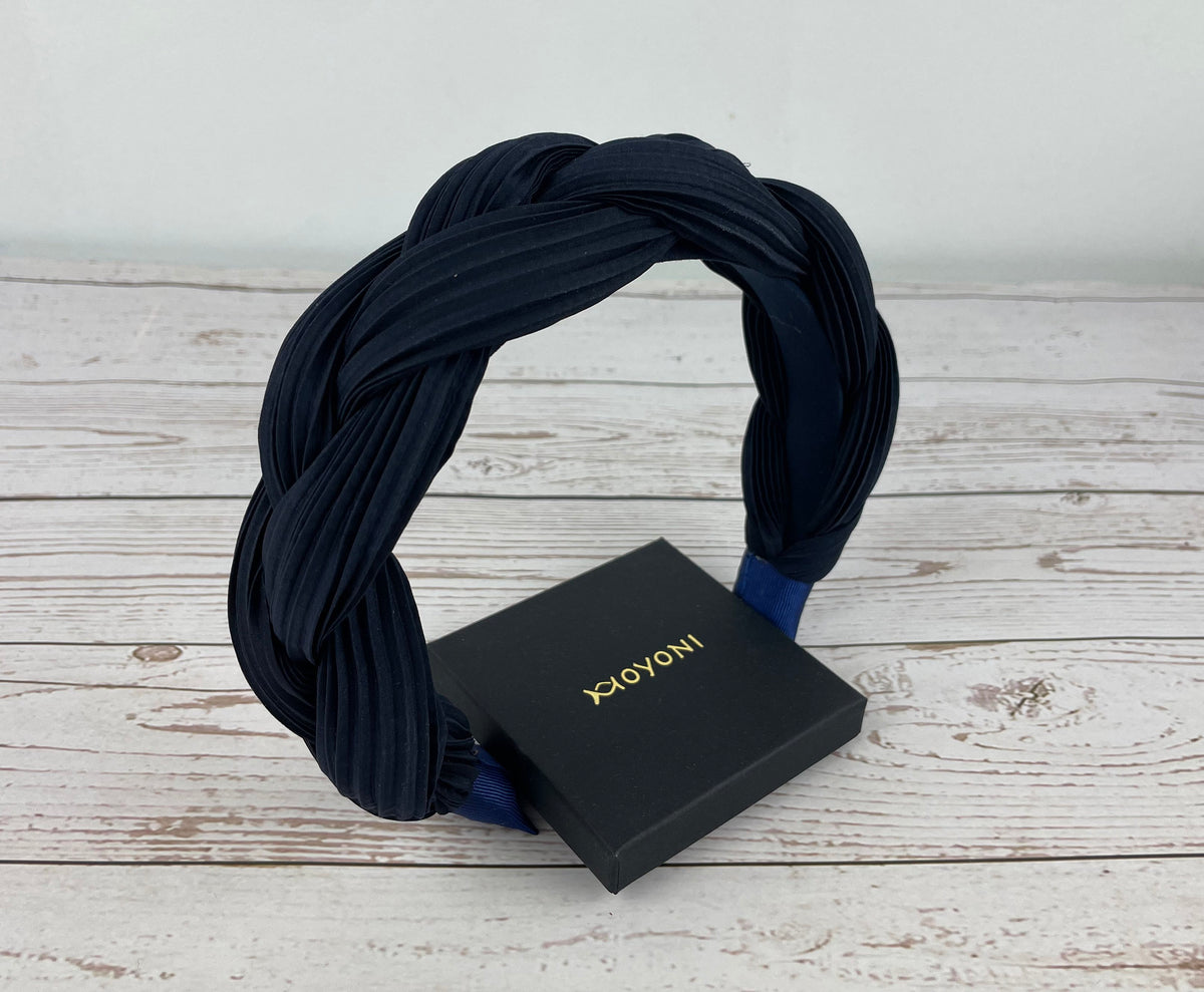 Navy Padded Satin Headband, Ruched Braided Alice Band, Wedding Guest Hair Accessory