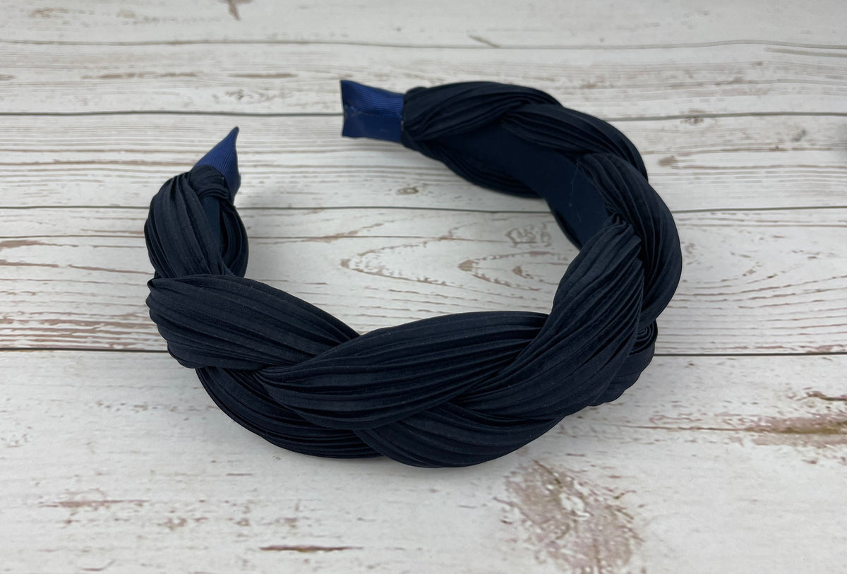 Navy Padded Satin Headband, Ruched Braided Alice Band, Wedding Guest Hair Accessory