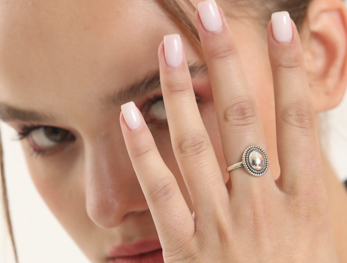 Adjustable Sterling Silver Dome Ring, Beaded Boho Statement Ring for Women