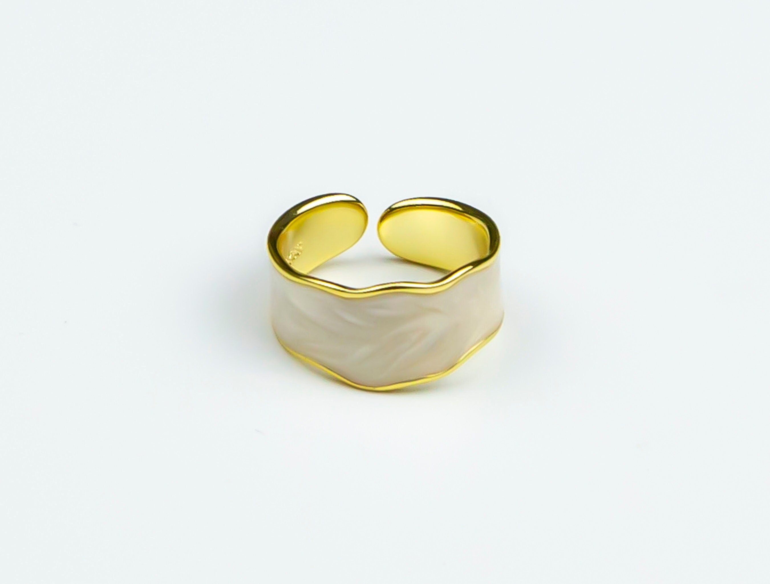 Gold Plated White Enamel Ring - Retro Irregular Edge - Stackable & Adjustable - Luxury Women's Trending Jewelry