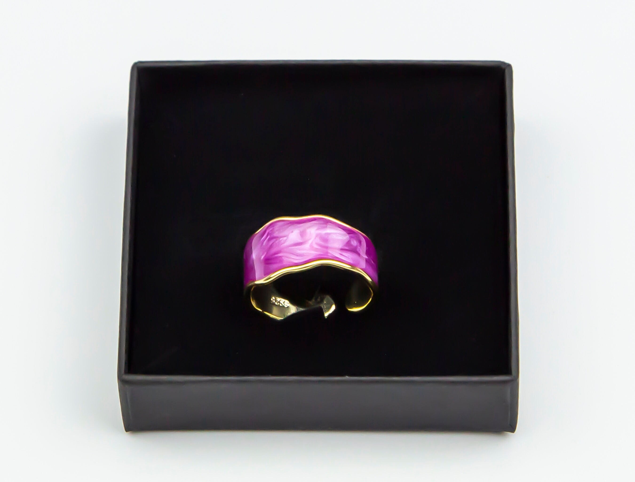 Gold-Plated Purple Enamel Silver Ring - Adjustable Luxury Retro Design with Irregular Edges - Trending Women's Jewelry