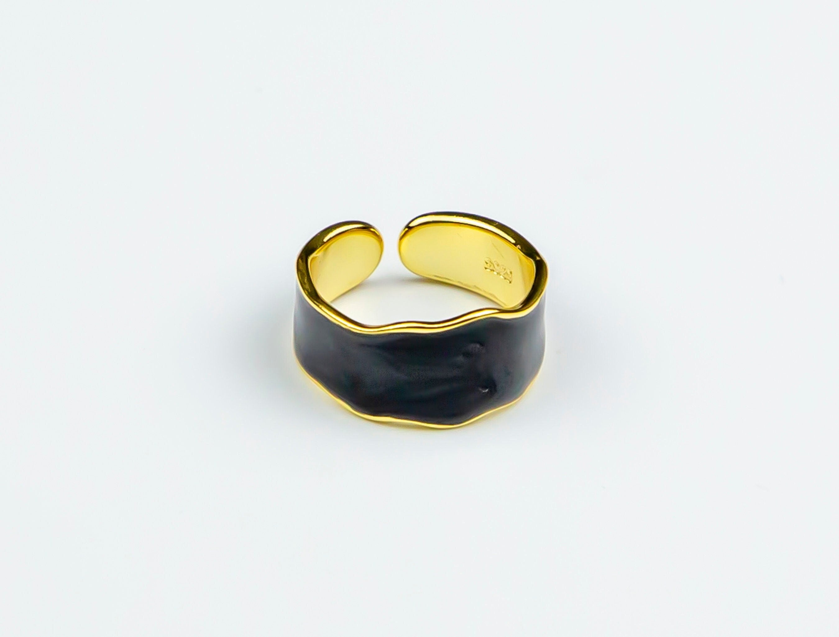 Gold Plated Black Enamel Ring - Stackable, Adjustable, Retro Irregular Edge - Luxury Women's Trending Jewelry