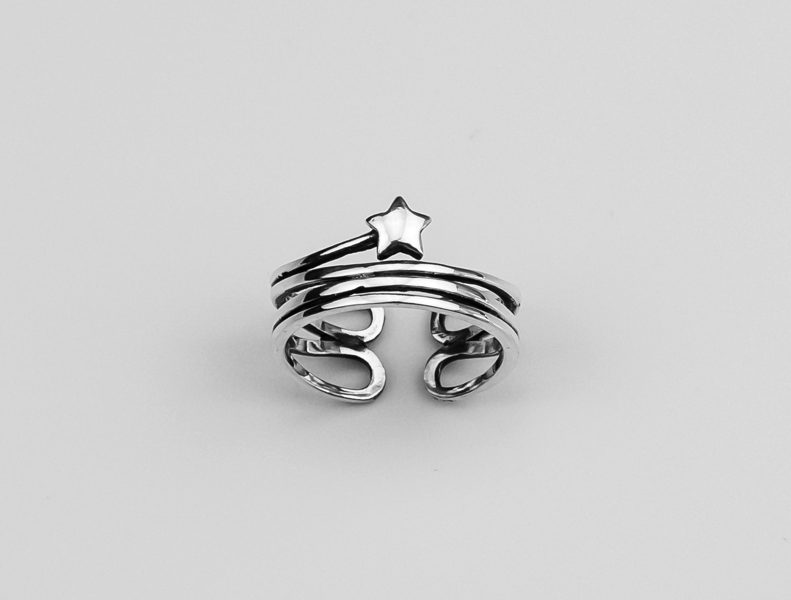 Adjustable Sterling Silver Chunky Ring - Boho Silver Star Design - Stackable Gift for Women